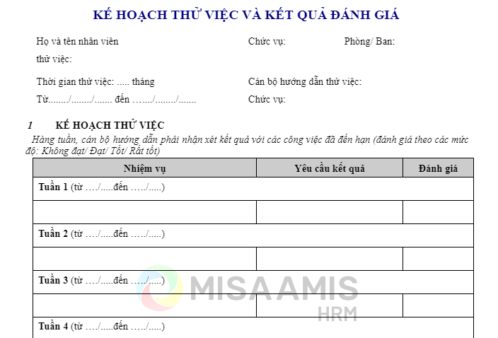 Mẫu đánh giá nhân viên thử việc chia theo tuần