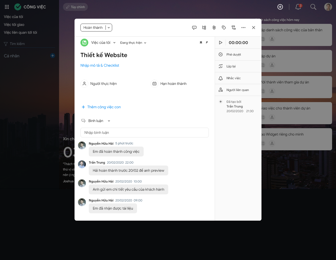 Giao diện trao đổi, bình luận về nhiệm vụ "Thiết kế Website" trên AMIS Công Việc
