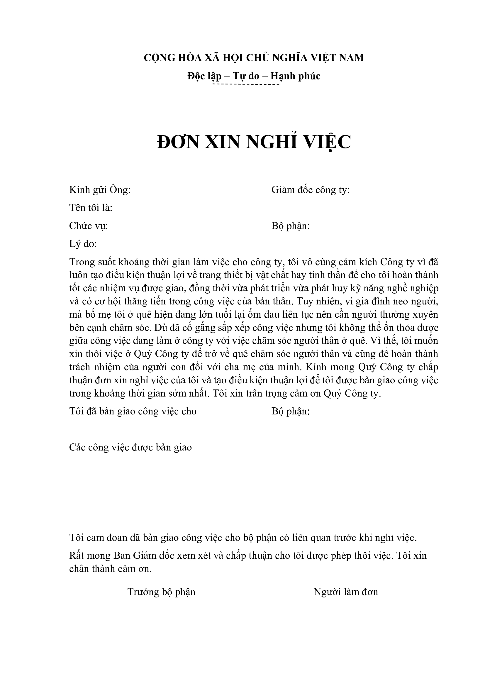 Mẫu lý do nghỉ việc do hoàn cảnh gia đình