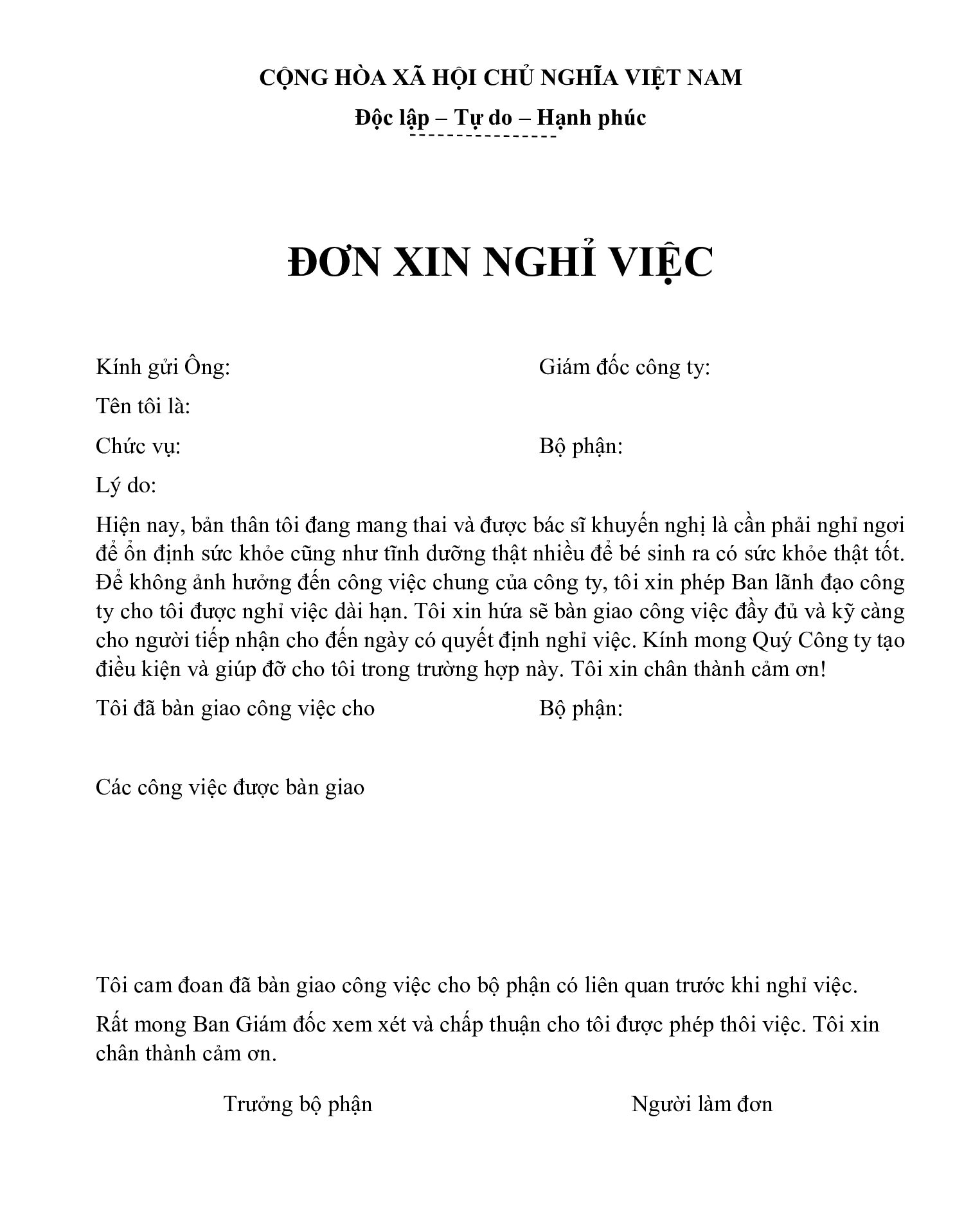 Mẫu lý do nghỉ việc do có kế hoạch sinh con