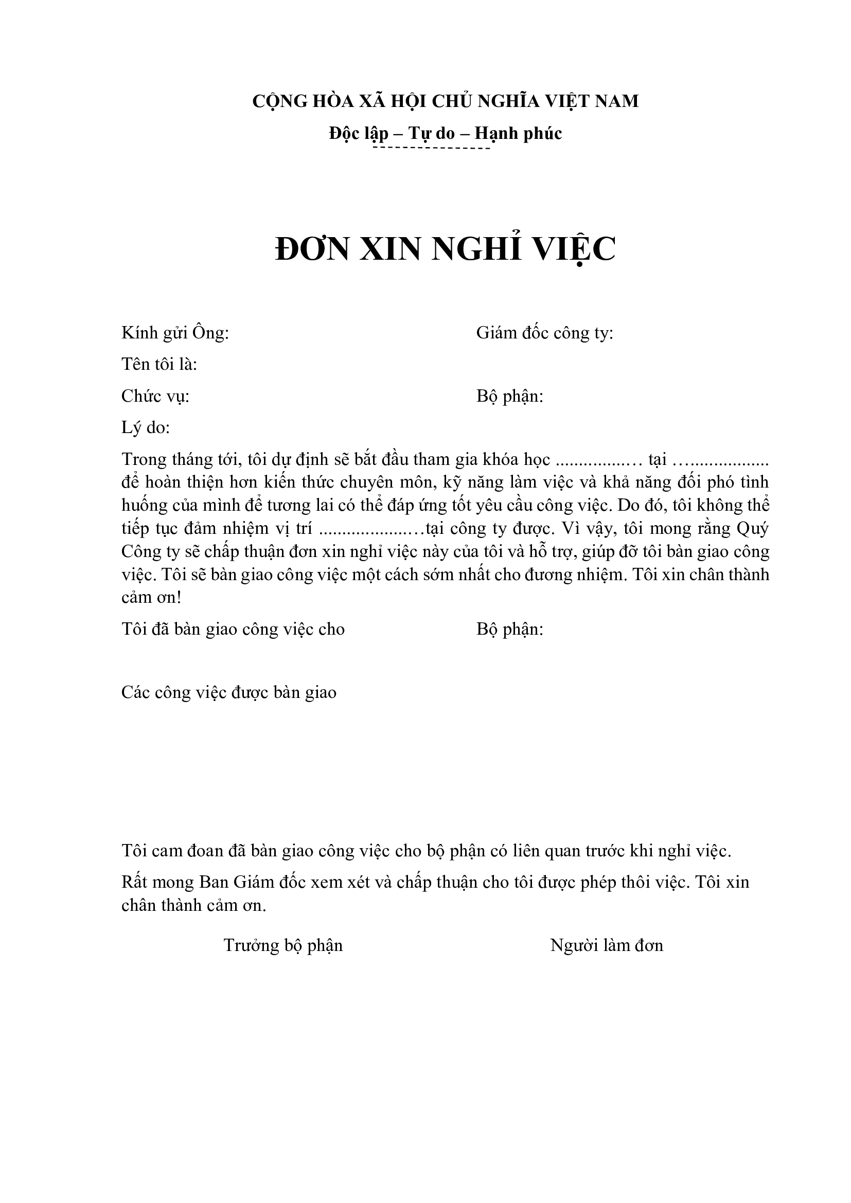 Mẫu xin nghỉ việc bạn có thể tham khảo