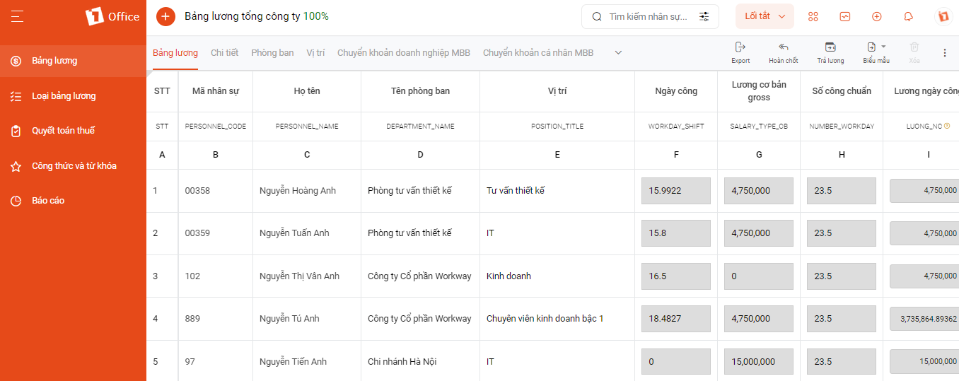Giao diện trang chủ phần mềm tính lương online 1Office