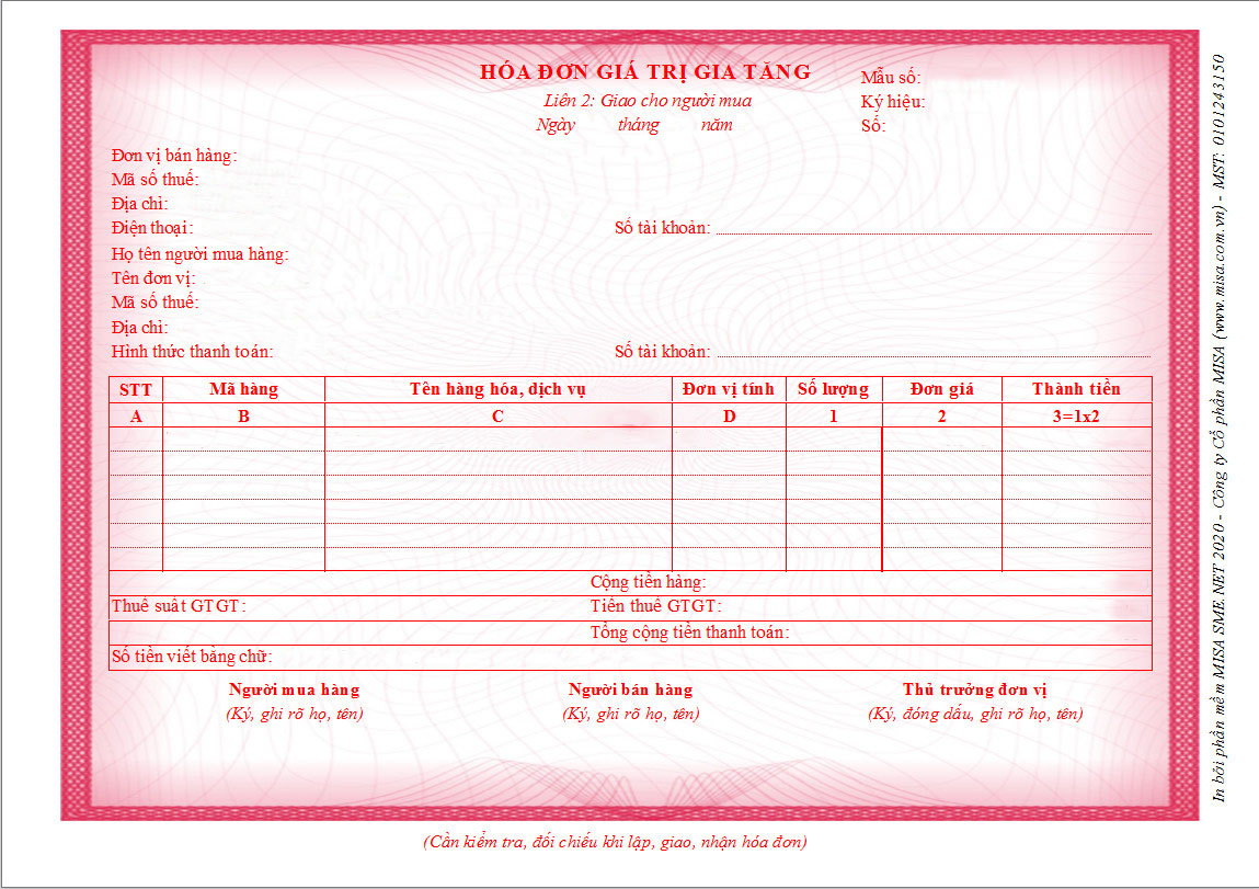 Hình 4: Mẫu hóa đơn giá trị gia tăng lập giao cho khách hàng  (Nguồn: Phần mềm MISA.SME.NET)