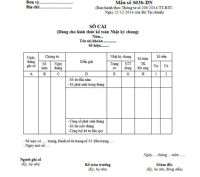 Hình 3: Mẫu sổ Cái theo Thông tư 200/2014/TT-BTC