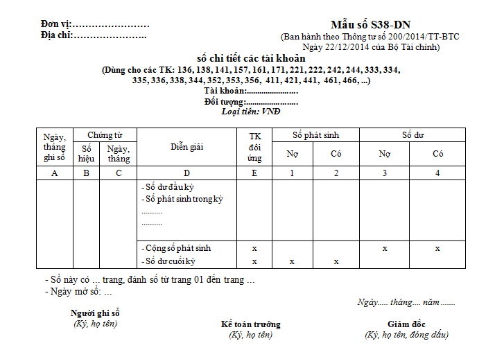Hình 4: Mẫu sổ Chi tiết các tài khoản theo Thông tư 200/2014/TT-BTC