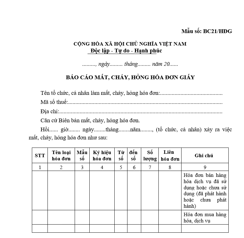 Mẫu Báo cáo mất, cháy, hỏng hóa đơn giấy đã mua của cơ quan thuế