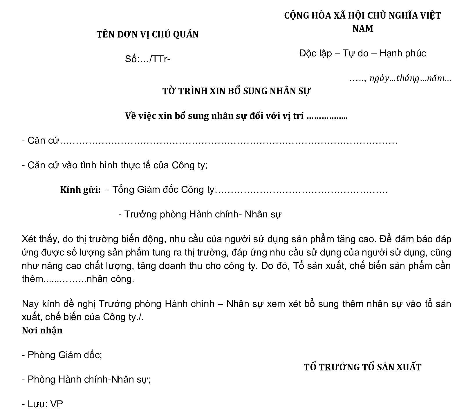 Tờ trình xin bổ sung nhân sự mẫu 2
