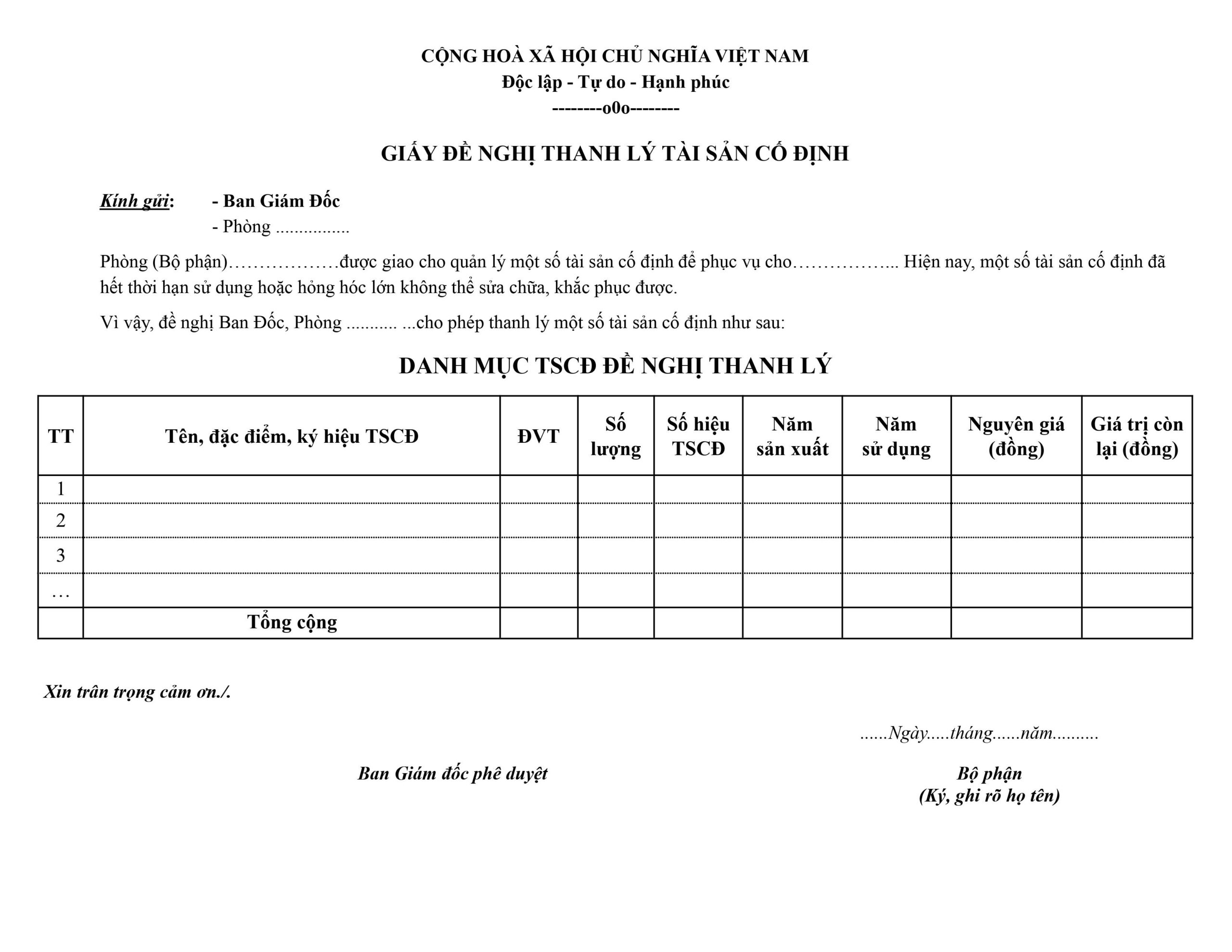Đơn đề nghị thanh lý tài sản cố định