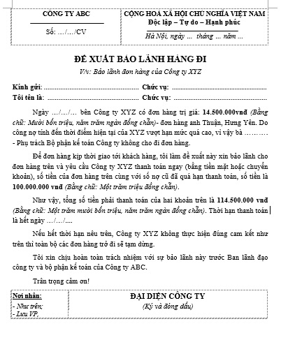 Mẫu Đề xuất bảo lãnh hàng đi