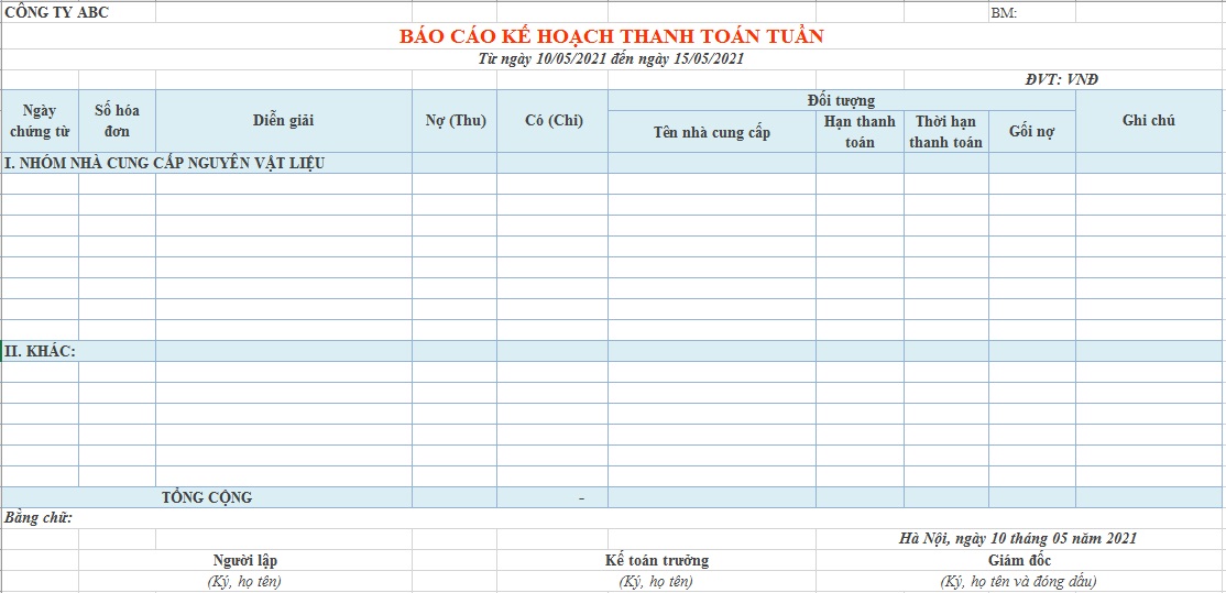 Mẫu Báo cáo kế hoạch thanh toán tuần (tháng)
