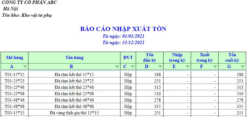 bảng nhập xuất tồn kho hàng hóa hàng ngày