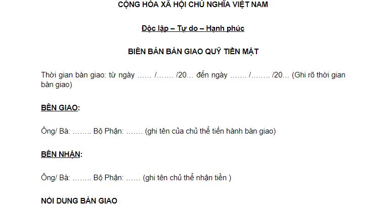 biên bản bàn giao quỹ tiền mặt