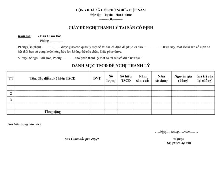 Đơn đề nghị thanh lý tài sản cố định