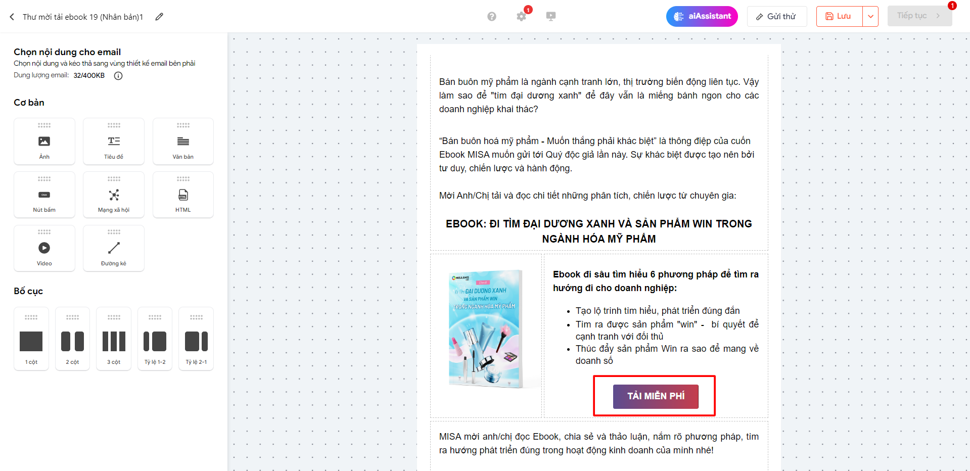 Giao diện thiết kế email trên phần mềm AMIS aiMarketing