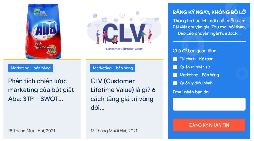 thu thập email qua đăng ký nhận bản tin website