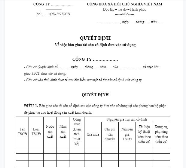 mẫu quyết định đưa tài sản cố định vào sử dụng