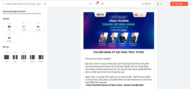 AMIS aiMarketing giúp thiết kế mẫu email chuyên nghiệp với thao tác kéo thả đơn giản