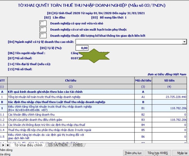 Tờ khai bổ sung tờ khai thuế thu nhập doanh nghiệp