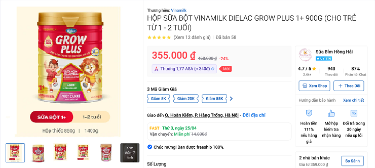 Giá sản phẩm sữa bột Vinamilk - (Nguồn: tiki.vn)