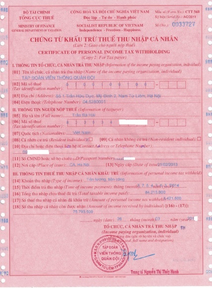 Mẫu chứng từ khấu trừ thuế Thu nhập cá nhân