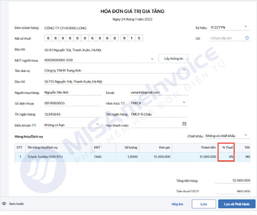 Ví dụ hóa đơn giá trị gia tăng ghi thuế suất 8%