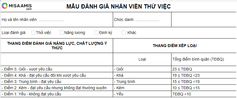 Mẫu đánh giá nhân viên thử việc 
