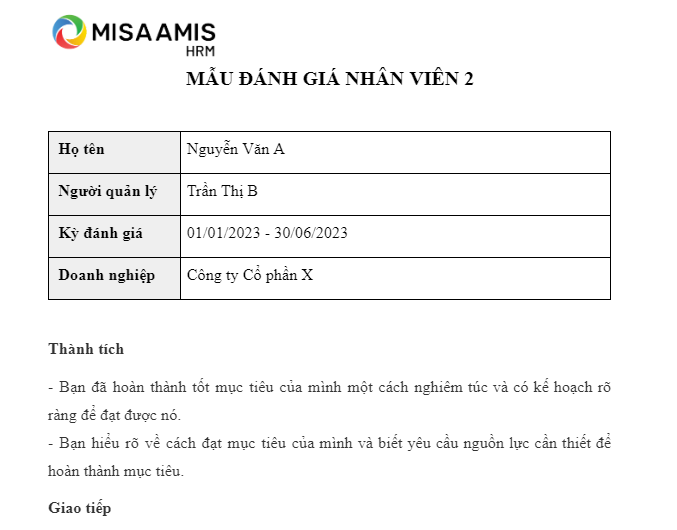 Mẫu đánh giá nhân viên tường thuật