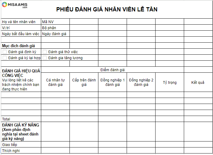 Mẫu đánh giá nhân viên lễ tân