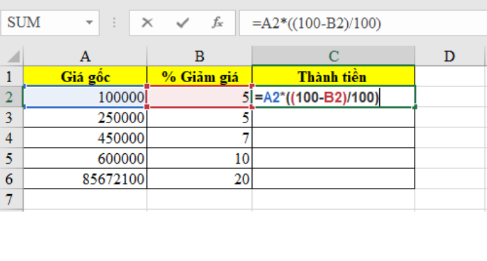 Công thức tính giảm giá phần trăm bằng Excel và Google Sheet