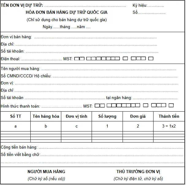 Mẫu hóa đơn bán hàng dự trữ quốc gia