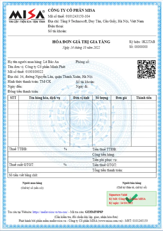 Mẫu hóa đơn GTGT điện tử lĩnh vực khách sạn