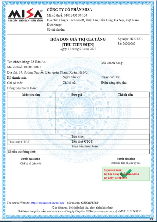 Mẫu hóa đơn điện tử thu tiền điện