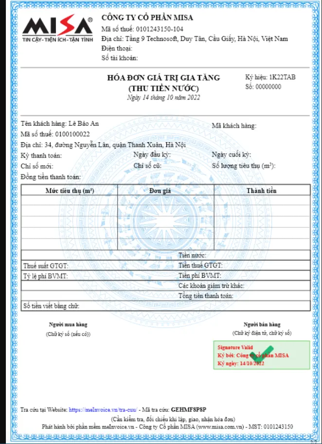 Mẫu hóa đơn GTGT thu tiền nước