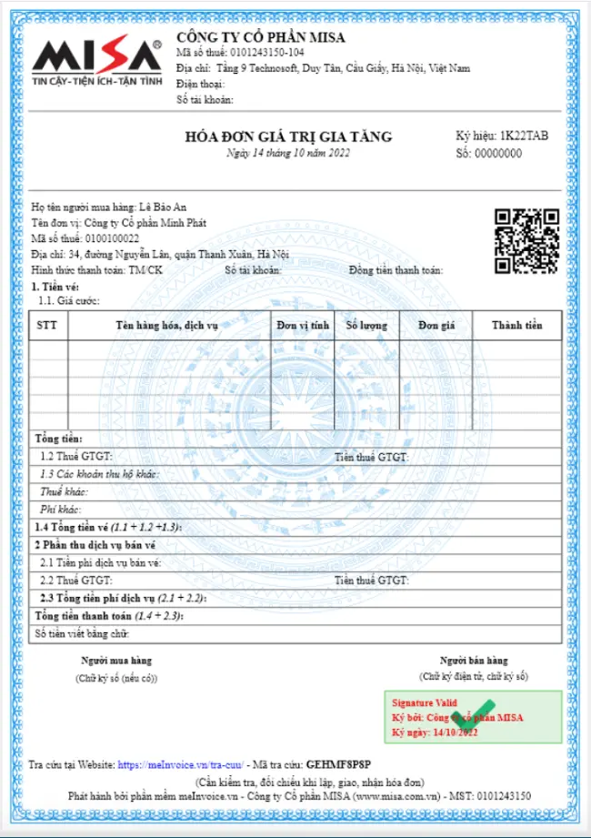 Mẫu hóa đơn điện tử lĩnh vực khách sạn