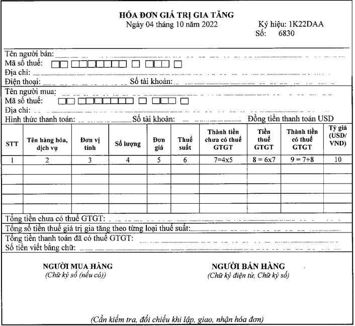 Mẫu hóa đơn điện tử giá trị gia tăng đặc thù bằng ngoại tệ