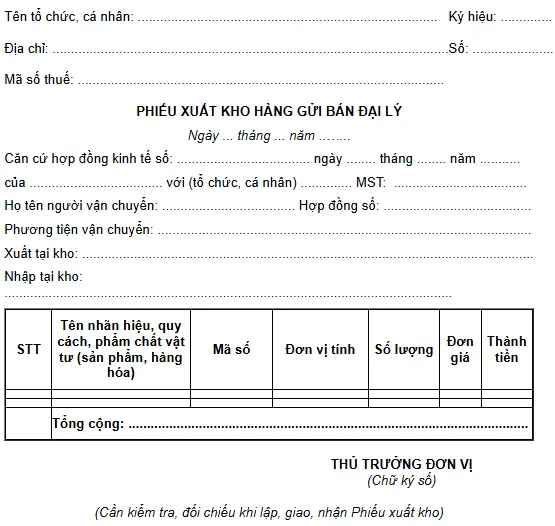 Mẫu phiếu xuất kho hàng gửi bán đại lý