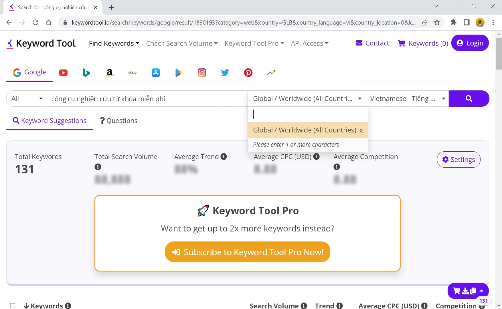 Công cụ Keywordtool tìm từ khóa ở cả Việt Nam và nước ngoài