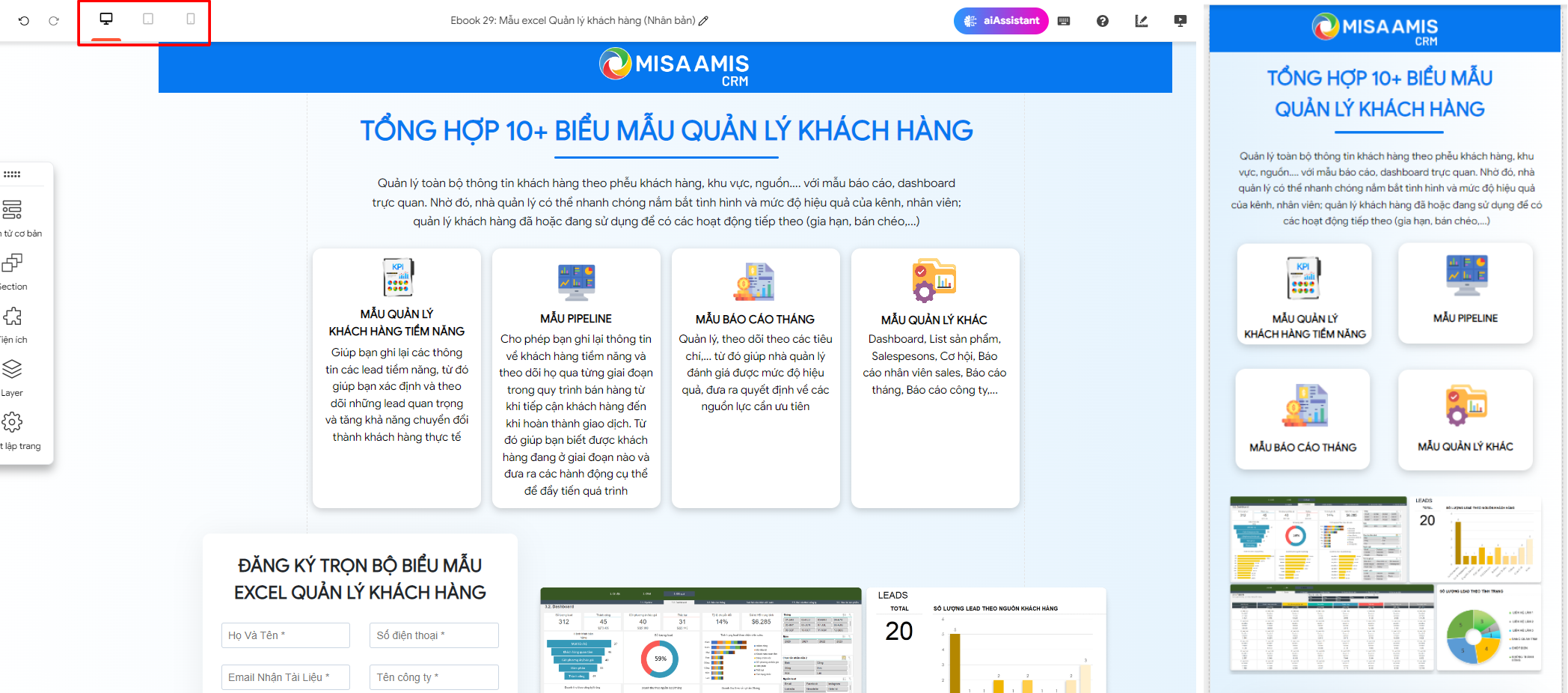 phần mềm tạo landing page aiMarketing dễ dàng tùy chỉnh PC/Mobile