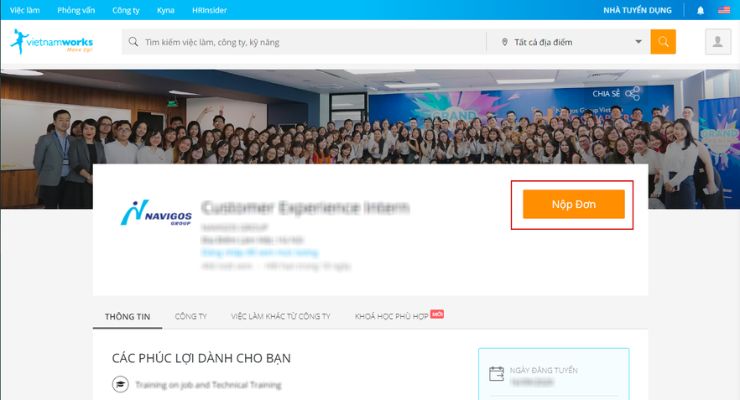 Giao diện của App tìm việc làm online, tuyển dụng Vietnamworks