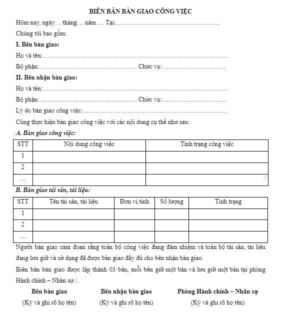 Mẫu biên bản bàn giao công việc cho ban lãnh đạo