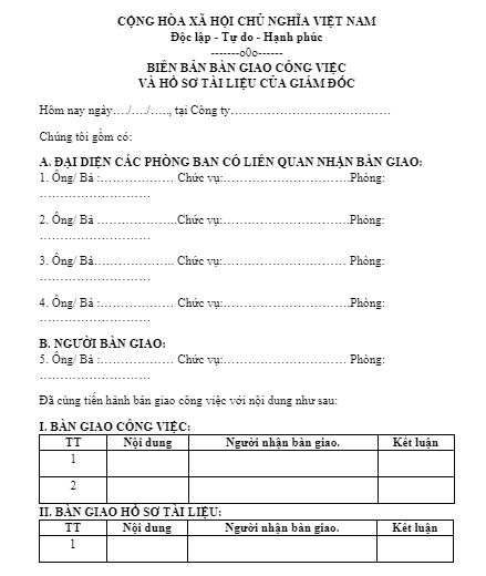 Mẫu biên bản bàn giao công việc cho giám đốc