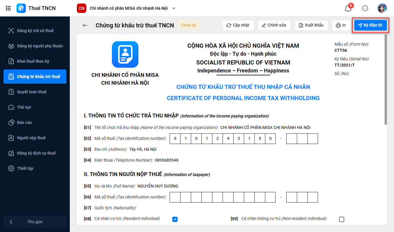 Chứng từ khấu trừ thuế trên MISA