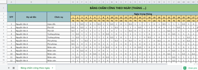 Mẫu bảng chấm công trên Excel