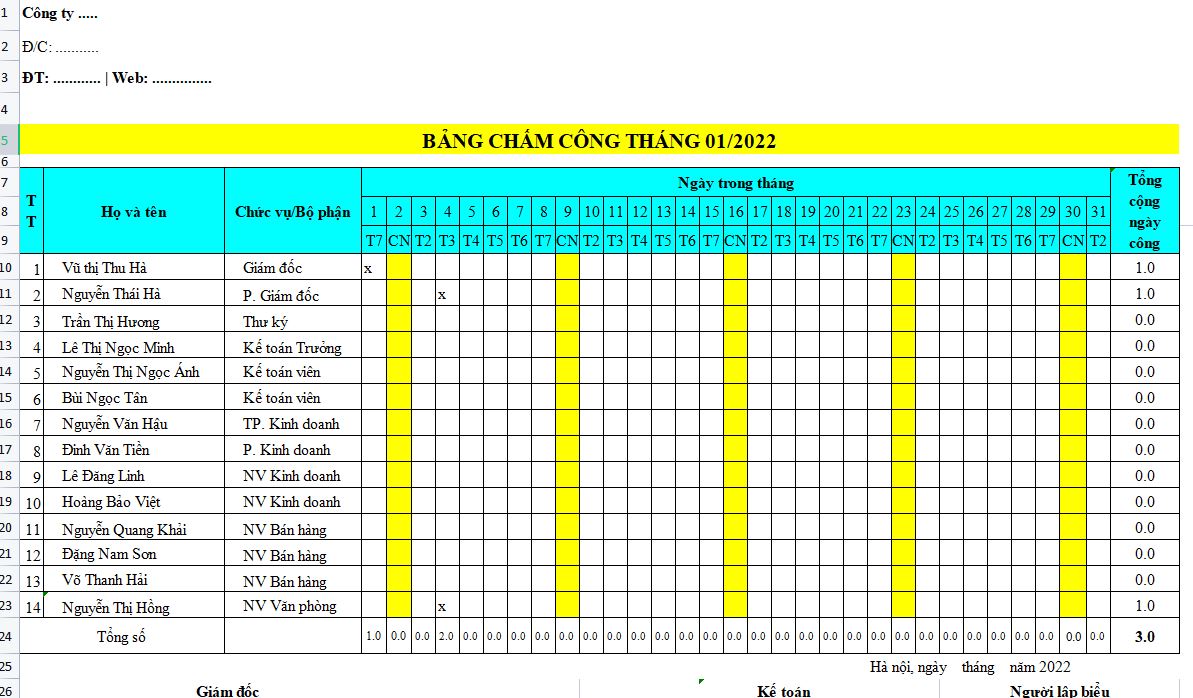 bảng chấm công excel