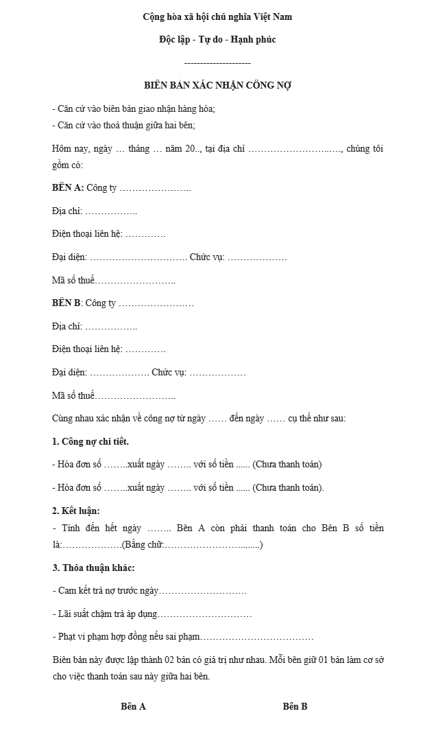 Mẫu giấy xác nhận công nợ số 2