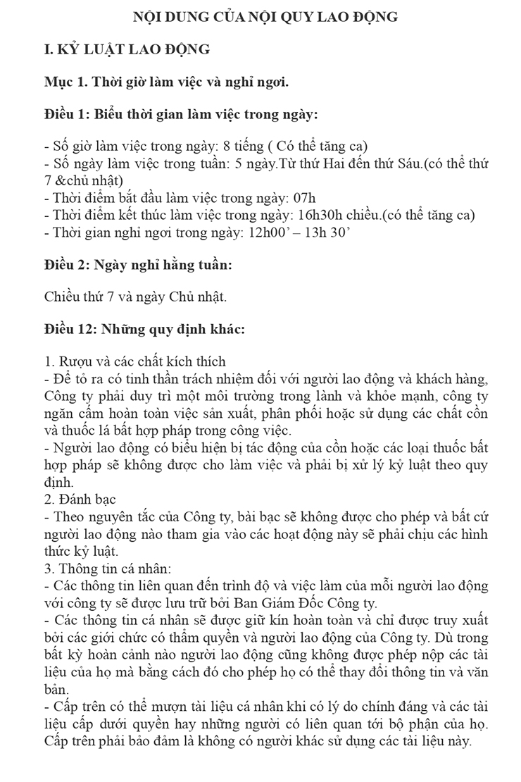 Mẫu nội quy số 1 doanh nghiệp có thể tham khảo