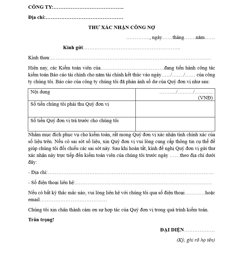 Mẫu thư xác nhận công nợ của kiểm toán