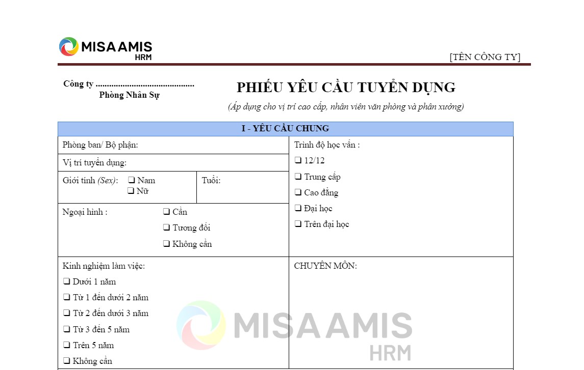 Phiếu yêu cầu tuyển dụng