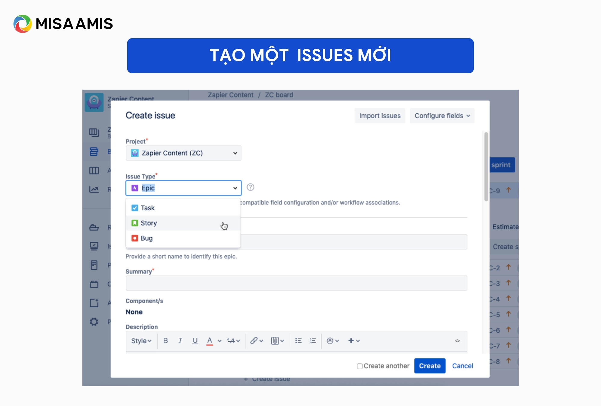 Tạo issue mới trong phần mềm Jira