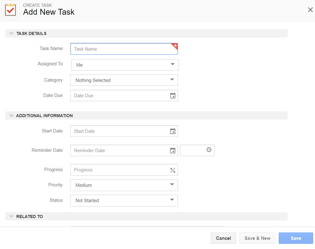 Giao diện tạo Task mới trong Insightly CRM